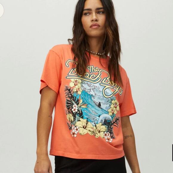 DAYDREAMER NWOT The Beach Boys Surfs Up Boyfriend Band Tee Neon Orange M - Picture 1 of 8